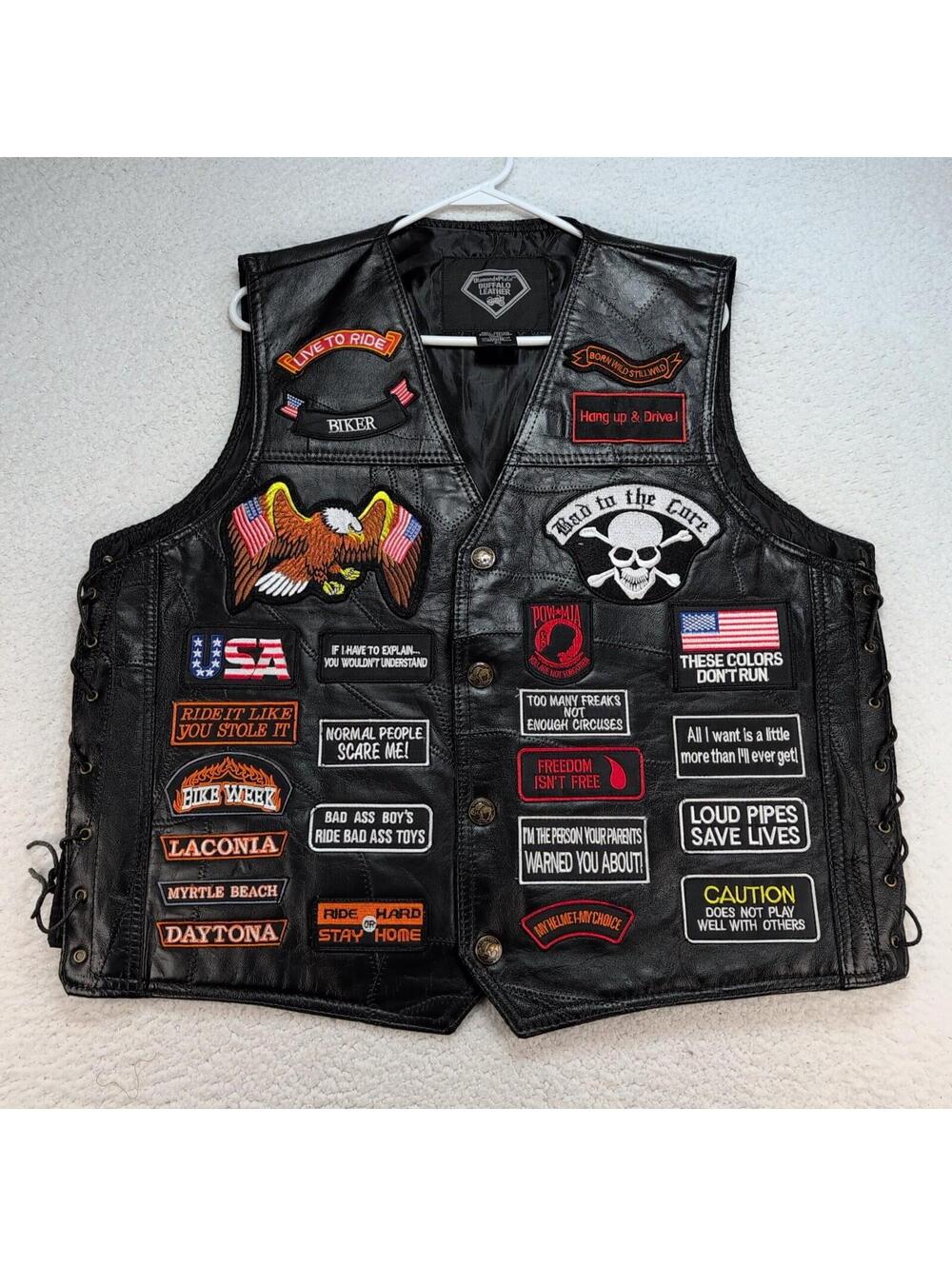 Diamond Plate Buffalo Leather Biker Vest 2X Patches all Over Black